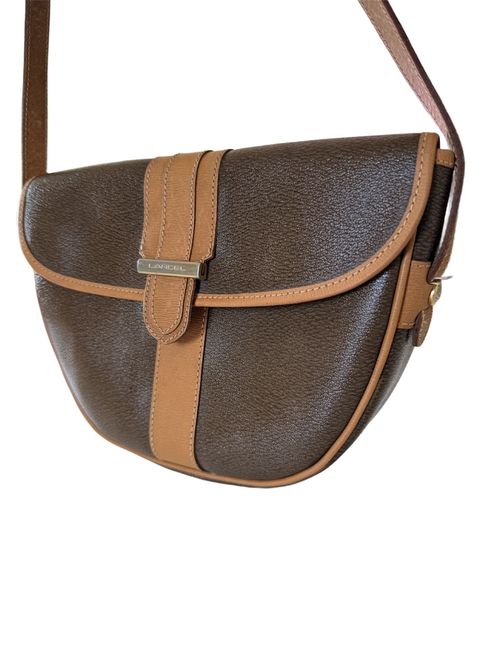 Vintage Lancel Brown & Tan Leather Crossbody Saddle Bag | Made in France - Picture 4 of 16